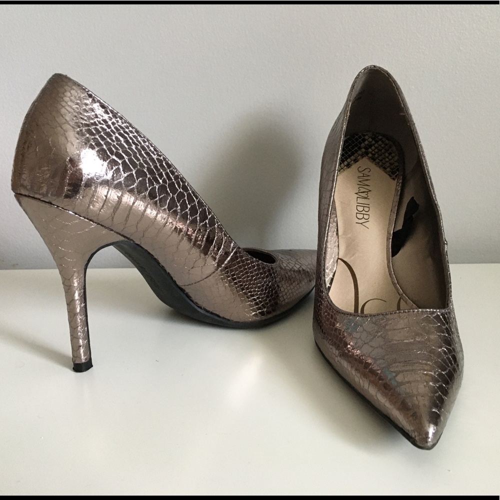 Snake print metallic heels